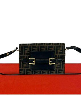 Fendi Vintage Zucca FF Pattern Canvas Leather Shoulder Bag Pochette Brown Black